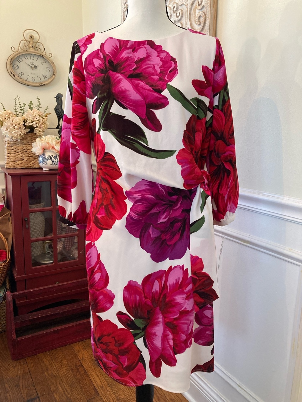 SLNY Ivory Multicolor Dress with Fuchsia & Magenta Floral Print